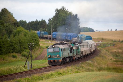 Freight train hauled by the diesel locomotive passing the forest
