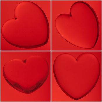 Four translucent hearts on red background, love concept.