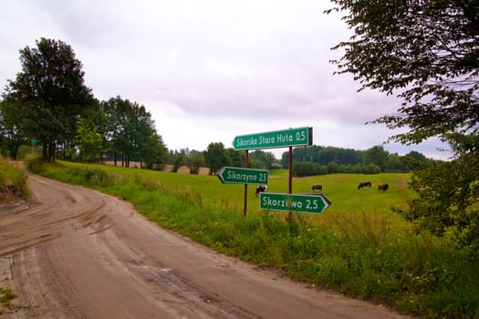 Sign with village directions at Polish countryside
