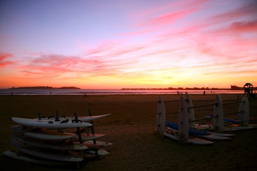 Wonderfull sunset in Essaouira with surf boards - Morocco