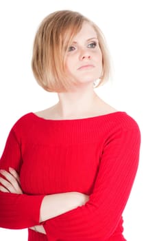 Portrait of beautiful woman in red isolated on white