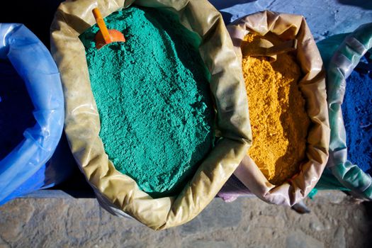 Assortmant of pure pigments colors in the souk of Marrakesh