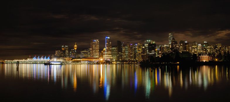 Vancouver BC Downtown City Skyline Along Waterfront at Night Panorama