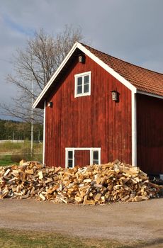 A big pile of firewood drying in front of a red barn in Sweden.