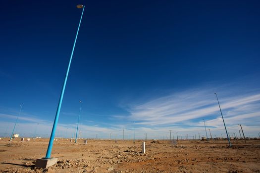 Urban view of a new future residential area in Ad Dakhla with no houses but the street lights. South Morocco