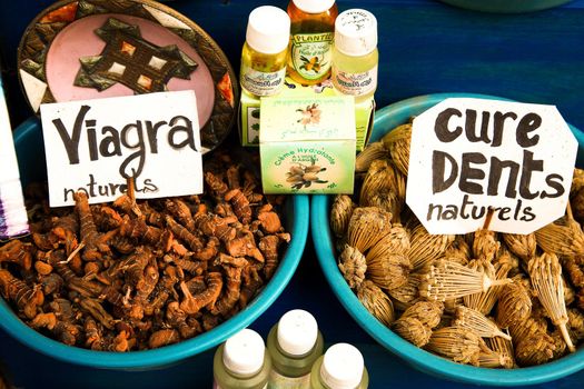 Roots and herbs on sale in the souk of Marrakech in Morocco