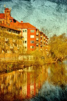 The island Reimersholme in Stockholm, Sweden in a grunge version.