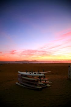 Wonderfull sunset in Essaouira with surf boards - Morocco