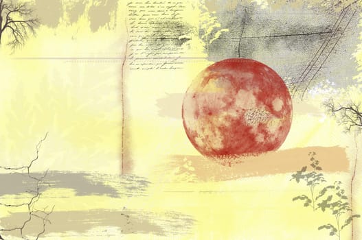 Montage with lyrics, a red moon, and brush strokes on vintage background.