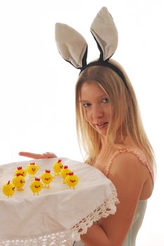 Bunny girl with tray of chicks