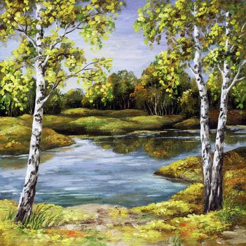 Landscape, picture oil paints on a canvas: birches on coast, autumn