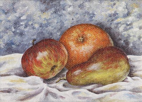 Picture oil paints on a canvas: a pear, an apple, an orange