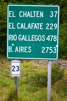 Road sign in Patagonia with the distances in Argentina