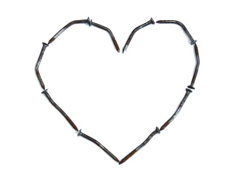 Bent and rusty nails arranged to form the shape of a heart