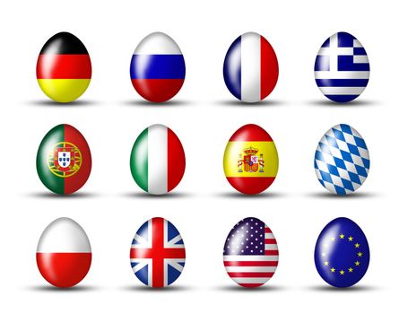 Eastereggs with a international flag on a white background