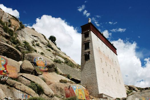 Landmark of a typical Tibetan tower in the mountains