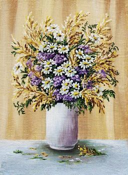 A bouquet of camomiles in a white glass, picture oil paints on a canvas