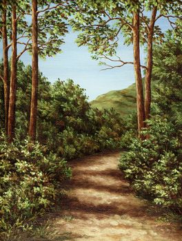 Picture oil paints on a canvas: footpath in mountain wood
