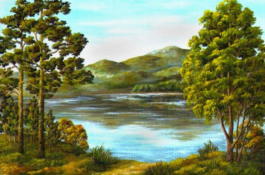 Picture an oil paint on a canvas: autumn, mountain lake