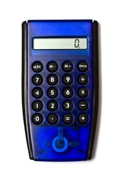 Blue calculator isolated on white background 
