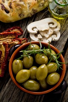 rustic appetizer with giants Spanish olives on a bowl 