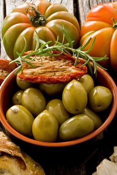 rustic appetizer with giants Spanish olives on a bowl 