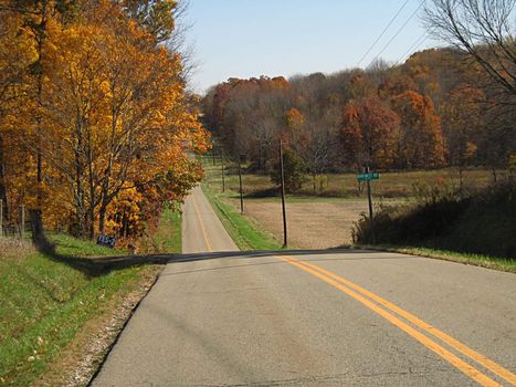 A photograph of a road in autumn.