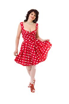 woman pin-up in red dress isolated on white background