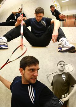 A handsome man playing squash in the hall 