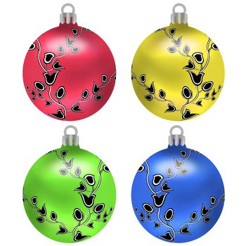 Christmas balls red, blue, green and yellow on a white background