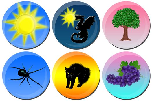 Six different icons with animals, nature and sun