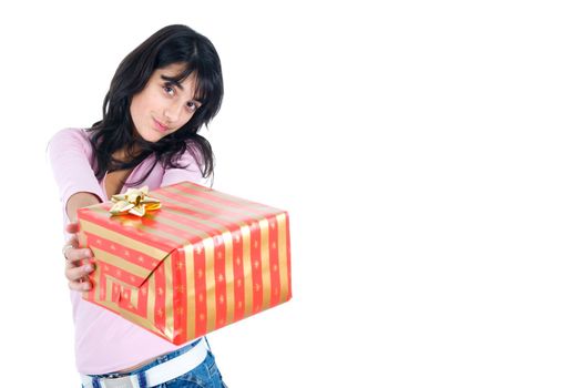 Young woman holding a gift box. Isolated on white with copy space.