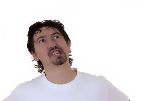 angry young casual man in white background