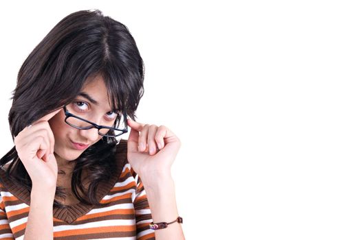 Girl wearing glasses with cute silly expression.with copy space. White background.