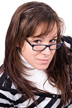 Young woman look over glasses.