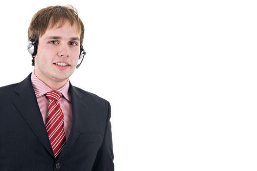 Young assistant with headset, wearing suit and tie. Isolated on white with copy space.