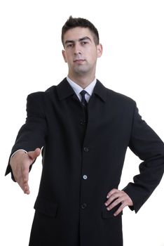 young man offering hand in white background