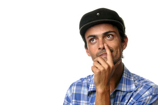 casual man portrait with hat in white background