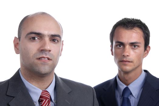 two young business men portrait on white. focus on the left man