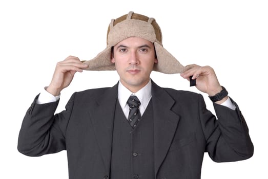 business young man with a hat isolated on white