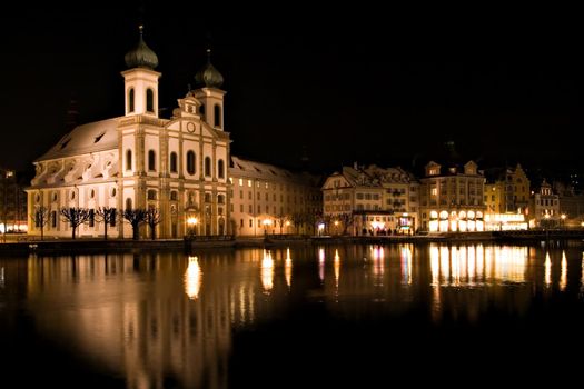 Church reflected night scene in Luzern, Switzerland