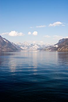 Photo of a lake in the Swiss Alps. View over Vier Wald See, in Switzerland.