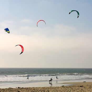 Surfer with colorful kites at the beach.