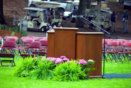 A podium set up to present diploma to students