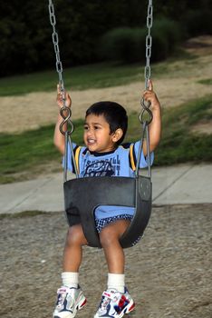 Handsome Indian kid having fun with the swing