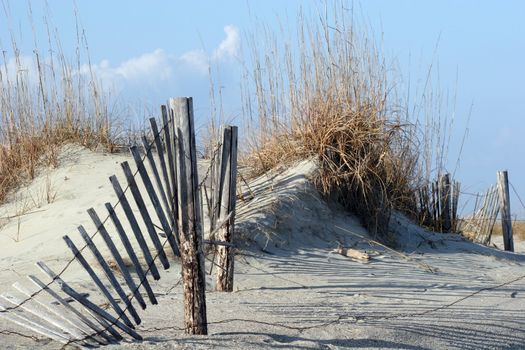 A broken fence running through sand dunes and sea oats against a blue sky