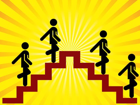 Two people walking up some stairs, two people walking down. Illustration.
