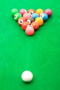 billiards field and balls in green table