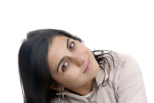 young casual woman portrait in a white background