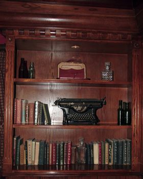 some shelves full of antique bits and bobs